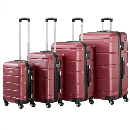 Set di valigie Zelsius 4 pezzi, rosso | Valigia rigida in ABS con chiusura a combinazione, 4 ruote e divisorio interno | Valigia a mano, set di valigie rigide 4 pezzi, trolley, valigia grande