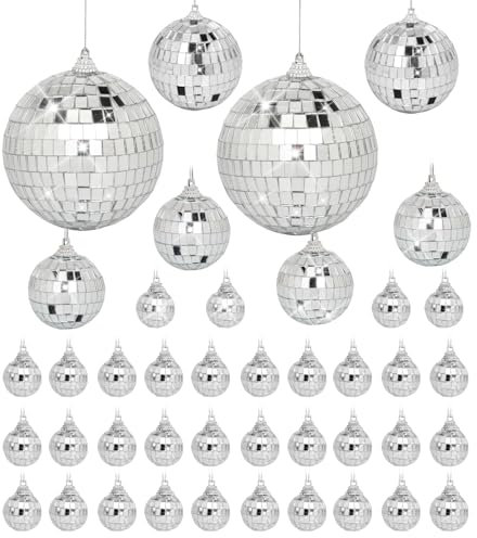 42 Pack Mini Mirror Disco Ball Set: Silver Hanging Disco Balls Decor - Small Mirror Ball Ornaments for Party Decorations Christmas Tree Birthday Wedding (1.2/2/2.4/3 Inch)