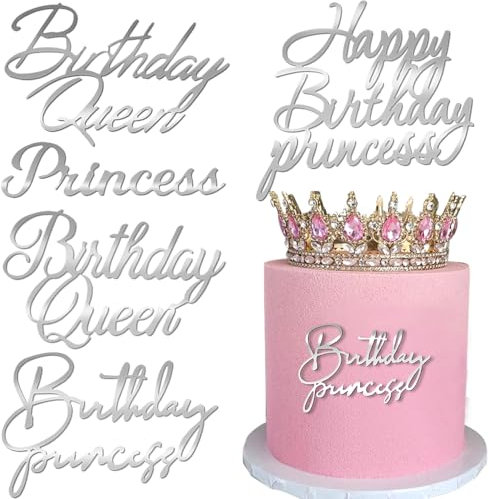 IPEWOEF 5Pcs Silver Happy Birthday Princess Cake Toppers for Women, Queen Acrylic Cake Topper Decorations, Princess Party Decorations