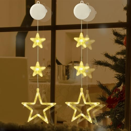 Jsdoin 2 Stück LED Sterne Weihnachtsbeleuchtung, Weihnachtsdeko Fenster Innen Lichterkette, Timer, Batterie, für Geburtstag Hochzeit Party Weihnachten Deko(Warmweiß)