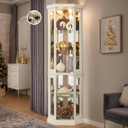 Eyisean 70 Lighted Corner Curio Cabinet, Curved Wood China Display Case with Tempered Glass Doors & Adjustable Shelves, Light Bulb Included, Tall Wine Storage Rack for Bar and Liquor Storage (White)