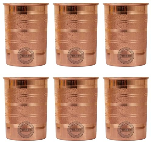 Fashnkart Bicchieri in rame puro Set di 6 bicchieri per acqua potabile Ayurveda Health Pure Tumblers Tazze in rame 10,14 Oz 300 Ml (Silver Touch)