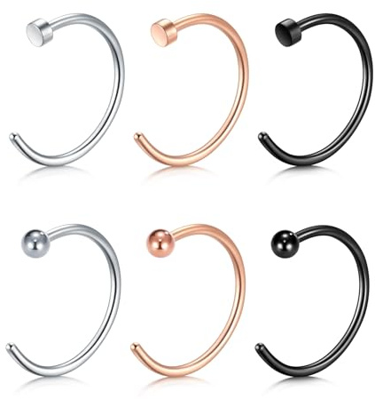 LAURITAMI 6 Pezzi Piercing Naso Finto 20g Acciaio Inox Falso Anello Cerchio C Forma Piercing Naso Labbro Orecchino Tragus Setto Gioielli Gli Uomini Donne, 8 Mm Argento Rosa Oro Nero