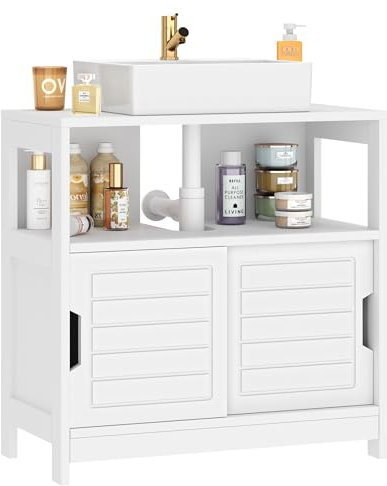 Sogesfurniture Armario para debajo del lavabo, color blanco, con estante abierto, 2 puertas correderas, gran espacio de almacenamiento