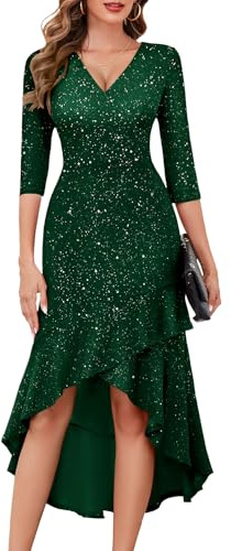 BeryLove Evening Sequin Dress Formal Cocktail Glitter Sparkly Bodycon Dresses Elegant Wedding Guest Ruffle High Low Gowns 7065 DarkGreen L
