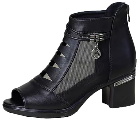 Bottes d'été en maille pour femme - Bottines en cuir à bout ouvert - Sandales respirantes avec fermeture éclair dans le dos - Bottines à talon bloc moyen bas pour le travail, le bureau, le travail, la