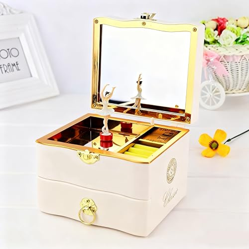 Xzyden Musical Box,Elegant Musical Jewelry Box with Dancer, Vanity Mirror,Girls Vintage Musical Jewellery Box with Dancer Jewelry Storage Case with Drawer for Girls,White,13.4x11.2x19.2cm