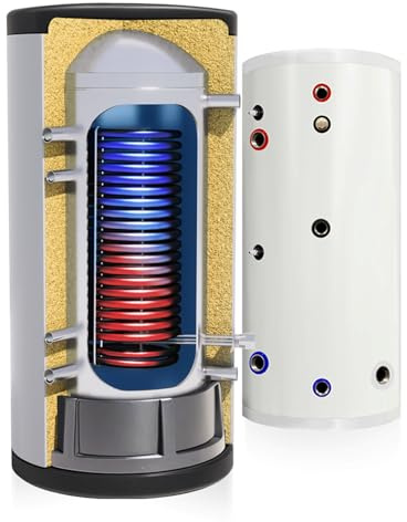 TECHGLOBE - Acumulador de agua caliente totalmente fabricado en acero inoxidable - con intercambiador de calor extragrande (1,8 m²) - Eficiencia energética - con aislamiento de 50 mm (100 L)