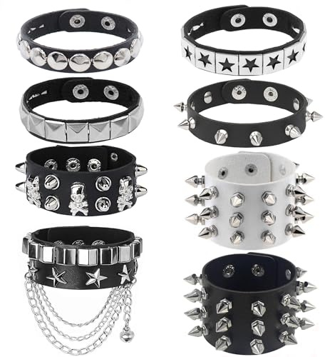 Cagzzee 8Pcs Spiked Studded Bracelet - Black Punk Studded Bracelets, Men Women Rivet Punk Bracelet Wristband Cuff Wrap Bangle