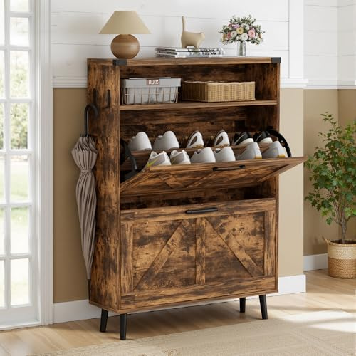 BonVache Meuble à Chaussures étroit, Armoire Gain de Place avec 2 abattants, Meuble basculant 4 Compartiments, Rangement Chaussures avec Espace Ouvert, Commode en Bois, 80x24x113,5 cm, Marron