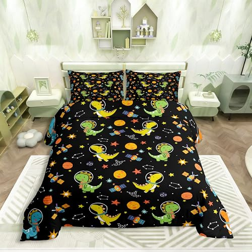 Homewish Juego de ropa de cama infantil con diseño de dinosaurio de dibujos animados, 135 x 200 cm, diseño de dinosaurios espaciales, para niños y niñas, lindos planetas, fantasía, universo, juego de