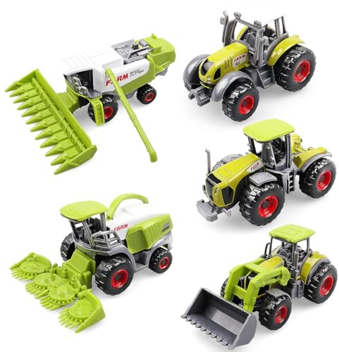 AtomDream Tech Juego de 5 juguetes de tractor de fundición a presión, mini vehículos de granja con cosechadora, cosechadora de forraje, juguete agrícola para niños y niñas a partir de 3 años, regalo y