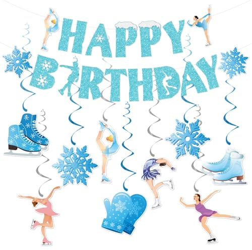 10 unidades decoración de fiesta de cumpleaños para niñas, artículos temáticos, feliz patinaje sobre hielo, pancarta de cumpleaños en espiral, deportes de invierno