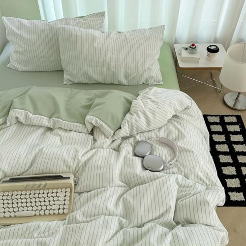 Nayoroom Green Striped Duvet Cover Queen Size 100% Washed Cotton Duvet Cover Linen Like Textured, Reversible 3 Pieces Soft Breathable Yarn-Dyed Stripe Girls Dorm Bedding Set for All Seasons