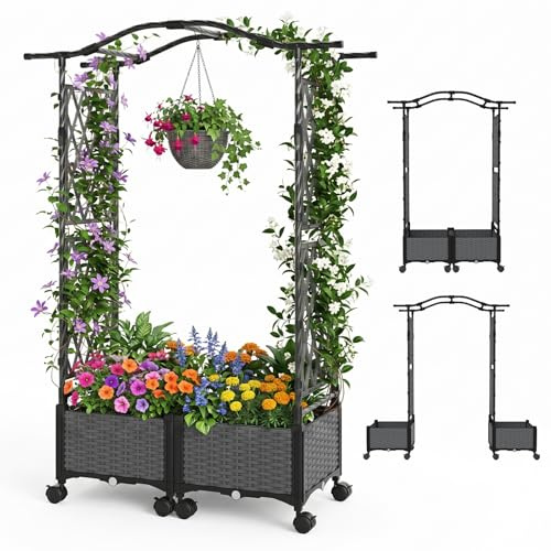 HOMASIS Arco de rosas 2 en 1 con 2 jardineras con ruedas, arco de jardín de metal y ratán PP, arco para jardín o boda, enrejado para plantas trepadoras (gris, 104 x 40 x 147 cm)