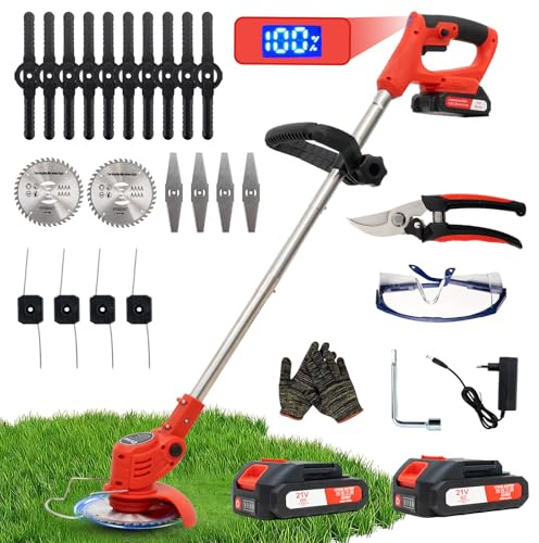 OUTIGO Desbrozadora a batería, desbrozadora eléctrica a batería, Equipada con 2 baterías y 4 Cuchillas, cortacésped Plegable de 800 W, Adecuado para Cortar el césped de Jardines y arbustos