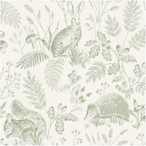 Woodland Animals Wallpaper Sage Green Nature Forest Animal with Hare Hedgehog Squirrel Botanical Leaf Pattern Rustic Country Style Feature Wall for Living Room Bedroom Hallway Decor