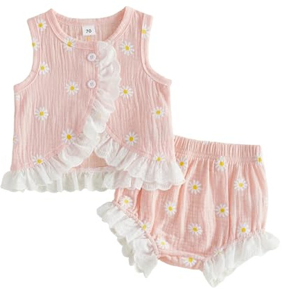 XIXIMAON Toddler Baby Girl Two Piece Outfits Frill Trim Daisy Print Sleeveless Tank Tops Shorts Set Cute Summer Clothes Soft Cotton Linen Shirt Short Set
