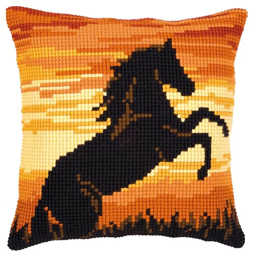 VERVACO Kreuzstich Stickpackungen Kissen Stickerei Set Anfänger Vorgedruckt Feuriger Hengst DIY Set Kreativ Set Für Erwachsene Dekoratives Kissen ca. 40 x 40 cm Bastelset Handwerker Haus Dekoration