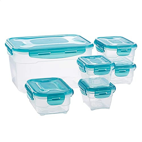 Amazon Basics Air-Locked Leak-Proof, Stackable & Airtight Fridge/Freezer Containers with Lids, BPA-Free Plastic, Microwave and Dishwasher Safe 6-Piece Food-Storage Combo Set, Clear, Farblos