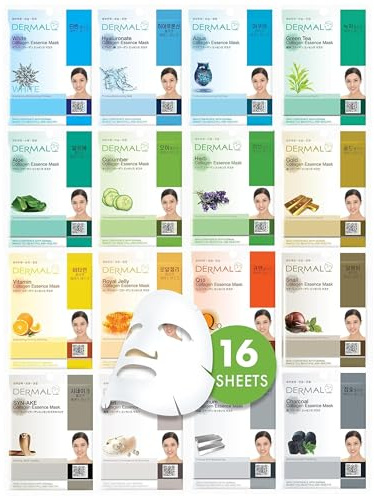DERMAL 16 Collagen Korean Essence Sheet Mask Variety Pack, Aloe Cica & More