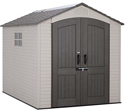Lifetime 60252 Heavy Duty Garden Storage Shed, 7 x 9.5 ft (204 x 275 cm) Outdoor Workshop, Steel-Reinforced HDPE with Full-Length Skylight, Tan