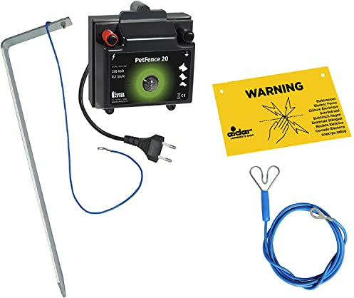 Betesstaket PetFence 20 med jordstav, varningsskylt och kabel – 230 volt – praktiskt stataterset för hundstaket / kattkant – skrämmande av utan att skada – elektrisk axeltandenhet