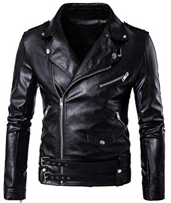 Lavnis Men's PU Leather Jacket Causal Belted Faux Leather Motorcycle Jacket Zipper Biker Coat Black XL