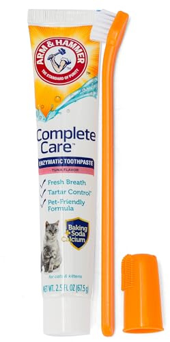 Arm & Hammer Complete Care Cat Dental Kit, Tuna Flavor Enzymatic Cat Toothpaste, Dual-Head Toothbrush & Finger Brush, Baking Soda + Calcium, Fluoride-Free Formula, 2.5 oz