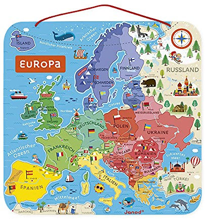 Janod - Magnetisches Puzzle Europakarte - Pädagogisches Holzpuzzle zum Lernen der Geographie - Europareise mit 40 Magneten - Zum Aufhängen an der Wand - Deutsche Version - Ab 7 Jahren, J05473