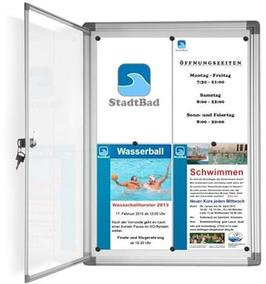 Floodirekt Vitrina de pared 3 x DIN A4 con marco de aluminio y cristal acrílico, incluye imanes, caja de información, caja colgante magnética y pared posterior para escribir