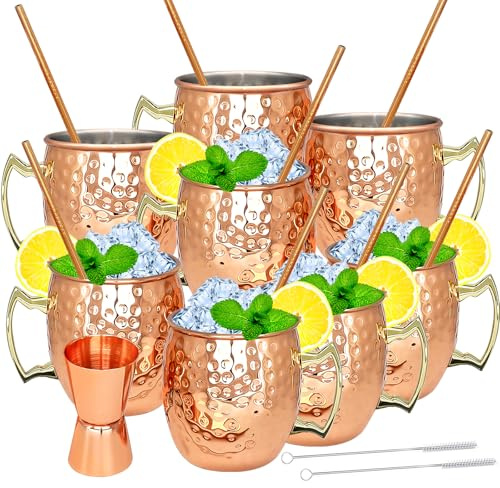 Moscow Mule Copper Mugs- Set of 8 Copper Plated Stainless Steel Mug 18oz, for Chilled Drinks (8 pcs)