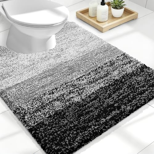 OLANLY Luxuriöse WC-Teppiche U-förmig, extra weiche und saugfähige Mikrofaser-Badezimmerteppiche, rutschfester Plüsch-Shaggy-WC-Badteppich, maschinenwaschbar, trocknergeeignet, 20x24, schwarz, Black