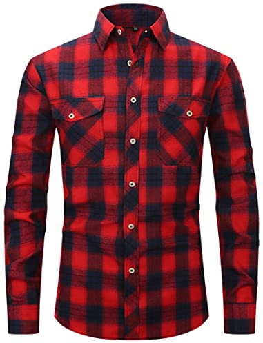 PADOLA Flanelle Chemise Homme Chemises Manches Longues à Carreaux Surchemise Bûcheron Automne Hiver Chaud Veste Haut avec Poche Chemise de Travail (L, 0 Rouge)