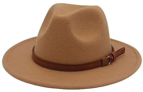 Faringoto - Sombrero Fedora de lana para mujer de fieltro vintage para la iglesia, señoras, unisex, de ala ancha, marrón claro, M