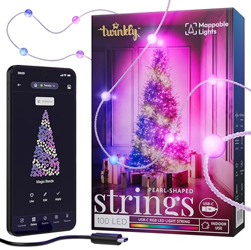 Twinkly Strings USB-C Pearls 100 LED, Guirlande Lumineuse en Forme de Perle, Fil LED Multicolore RGB, Lumières Saint-Valentin, Compatible avec Alexa, Google Home, USB C, Fil Transparent, 6m