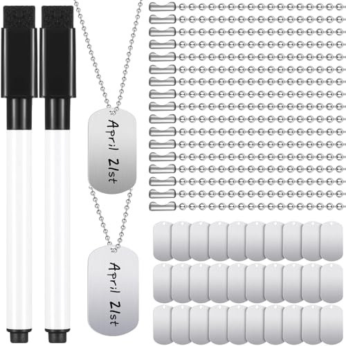 Therwen 62 Pieces Military Dog Tags Necklace Set Including 30 Aluminum Blank Dog Tag 30 Ball Stainless Steel Beaded Necklaces and 2 Erasable Markers for DIY Crafts
