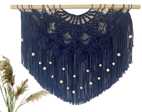 Youngeast Large Macrame Wall Hanging Boho Beaded Curtain for Window Macrame Bedroom Headboard Living Room Wall Art Tassel Tapestry Bohemian Woven Wall Decor 31 W X 25 H (Navy)