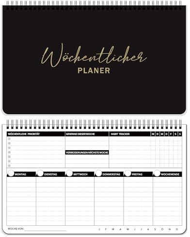 BIROYAL Wochenplaner Block (55 Blatt) | Tischkalender ohne festes Datum | Undatierter Terminplaner mit To Do Liste, Spiral-Wochenkalender mit Wochenübersicht&Habit-Tracker, Schwarz (290 x 172mm)