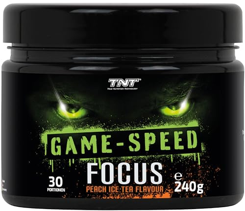 TNT Game Speed Focus (240g) • Trainingsbooster für höheren Fokus • Focus-Booster mit Koffein, Magnesium & L-Tyrosin • Vegan & Made in Germany • Geschmack: Peach Ice Tea