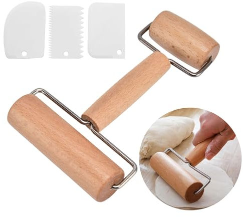 Mattarello per mattarello, in legno, piccolo e medio, con 2 rulli e 3 spatole, accessori da forno, per stendere facilmente gli impasti a mano, pizza, dessert e pelli di gnocchi