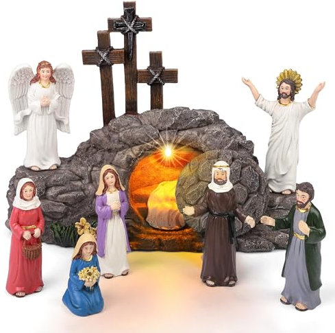 Fovths 9 Pieces Easter LED Cross Shaped Resin Table Decor Resurrection of Jesus Statue Set Easter Resin Tabletop Decoration for Indoor Holiday Home Tabletop Ornaments