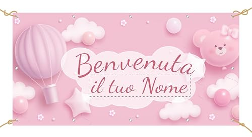 Pubblimania Banner Striscione NASCITA BIMBA FEMMINUCCIA PERSONALIZZABILE in pvc. Personalizza online con le tue scritte e noi lo stampiamo. (Banner Nascita Bambina)