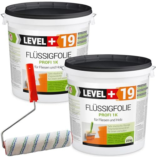Level Plus 19 flytande folie professionell 50 kg för kakel och trä, OSB, balkong, terrass, källare, badrum, dusch, frostbeständig vattenbarriär, tätningsset med färgrulle, 25 cm