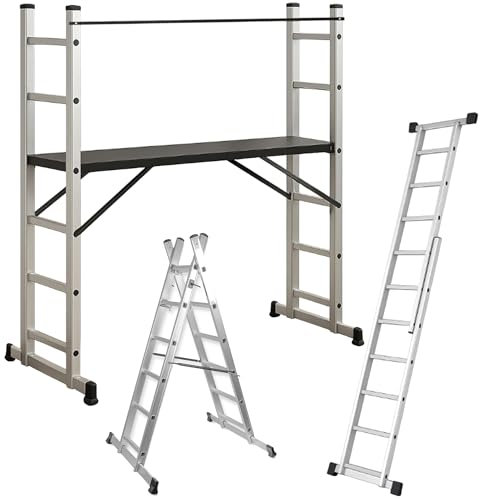 WALTER Aluminium Leitergerüst 3in1 | Stehleiter, Anlegeleiter & Arbeitsplattform | TÜV GS geprüft | 150 kg Traglast | Arbeitsfläche 147x40,5 cm | Treppentauglich | Alu Gerüst