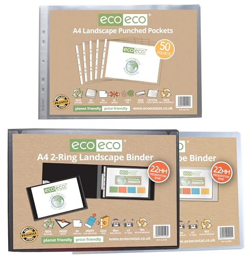 eco-eco Pack of 2 A4 95% Recycled Presentation 22mm Spine 2 Ring Landscape Binder Black/Clear Plus a Pack of 50 Landscape Punch Pockets, eco145_146_204
