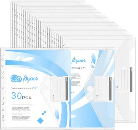 Agoer 30 unidades A4 portadocumentos para archivar [tamaño ancho] carpeta transparente con 11 agujeros, cierre de y bolsillos para etiquetas, fundas de plástico para documentos Organizar