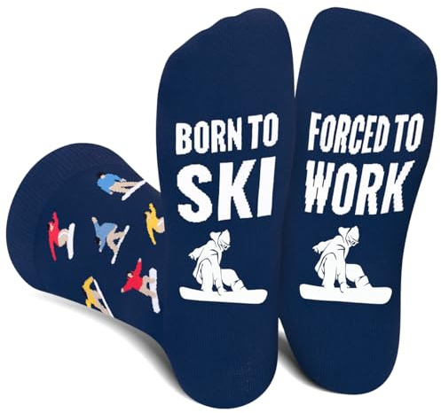 Funny Ski Socks for Men Women Dad Teenage Boys - BORN TO SKI FORCED TO WORK Novelty Fun Funky Happy Sports Socks for Skier - Skiing Accessories Fathers Day Birthday Gifts Christmas Stocking Filler