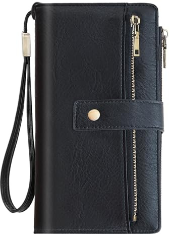 NEWIROVE Portefeuille Femme Grand Format, Porte Feuille Femme Cuir PU Vintage Porte Monnaie RFID Portefeuilles Et Porte-Cartes avec Fermeture Éclair Et Multi Cartes, Noir