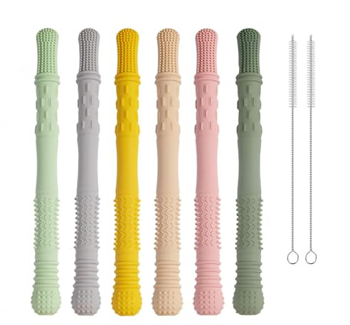 6Pack Zahnungshilfe Baby, Beißröhrchen Ba-by, Zahnungshilfe für Kinder Molars, BPA Free Kaustange baby mit 2 Reinigungsbürsten, Geschirrspüler Safe